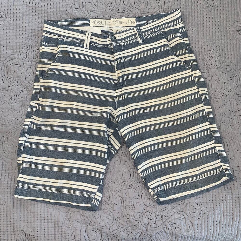 PD&C Men’s 34 Navy White Striped Shorts – 100% Cotton
